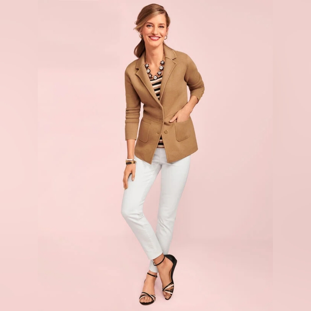 Talbots Sweater Jacket S Blazer Merino Wool Tan Gold Office Career Professional